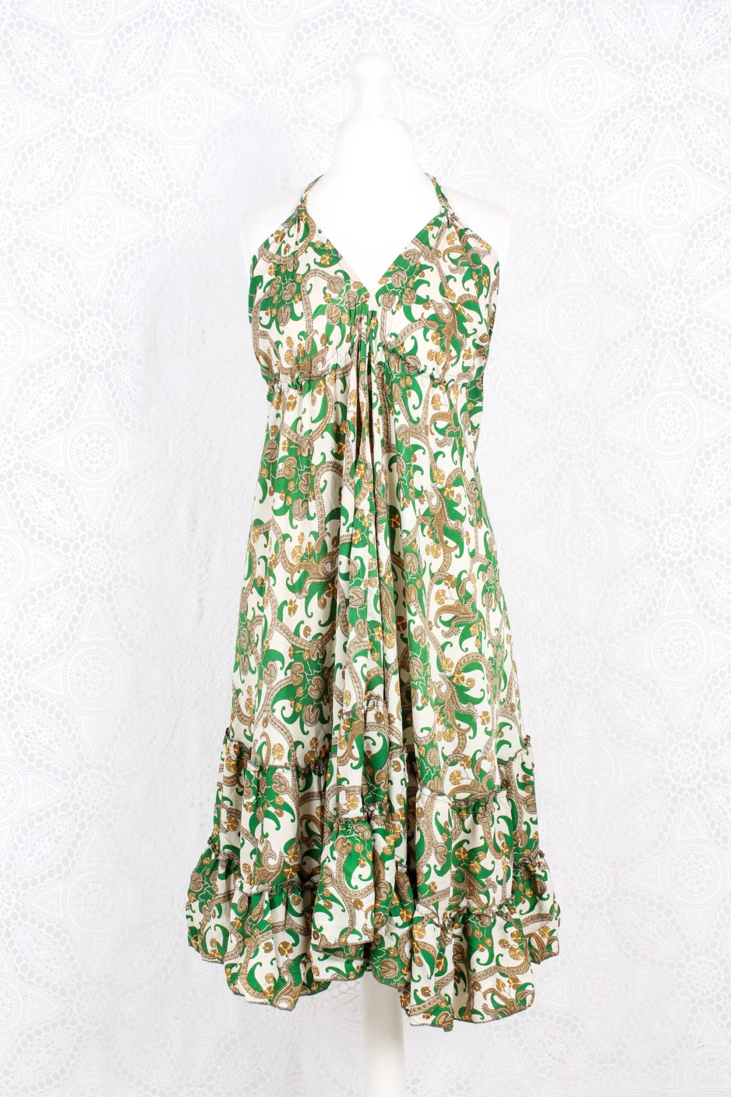 Blossom Mini Halter Dress - Vintage Indian Sari - White & Green Paisley - M/L 2 Blossom Mini Halter Dress - Vintage Indian Sari - White & Green Paisley - M/L - Image 2