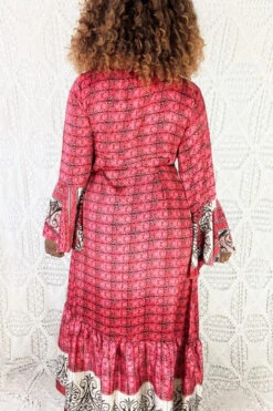 Sylvia Wrap Dress - Vintage Indian Sari - Crimson & Jet Indian Motif (S/M) -KIKIS Clothing Shop IMG 0850b