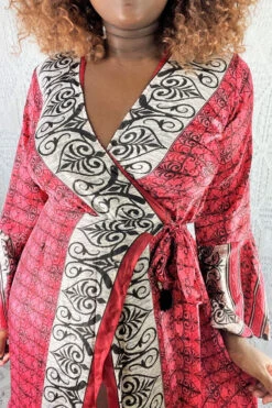 Sylvia Wrap Dress - Vintage Indian Sari - Crimson & Jet Indian Motif (S/M) -KIKIS Clothing Shop IMG 0852b