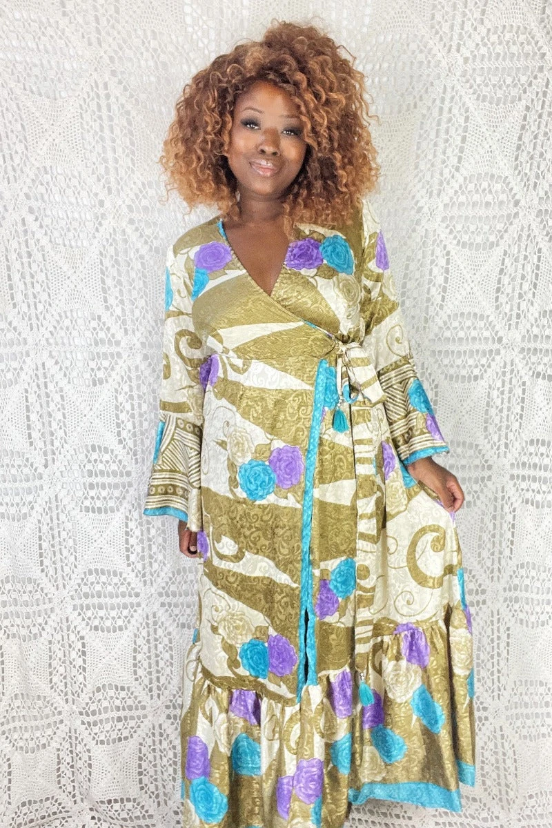 Sylvia Wrap Dress - Vintage Indian Sari - Golden Shimmer Floral (S/M) 1 Sylvia Wrap Dress - Vintage Indian Sari - Golden Shimmer Floral (S/M)