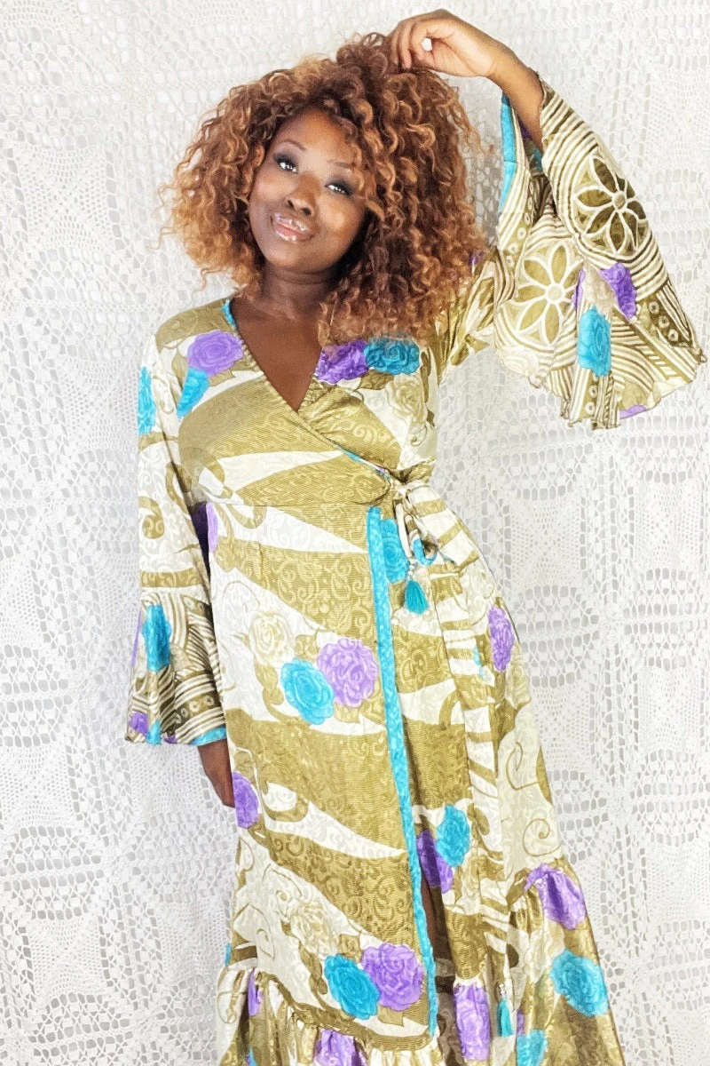 Sylvia Wrap Dress - Vintage Indian Sari - Golden Shimmer Floral (S/M) 2 Sylvia Wrap Dress - Vintage Indian Sari - Golden Shimmer Floral (S/M) - Image 2