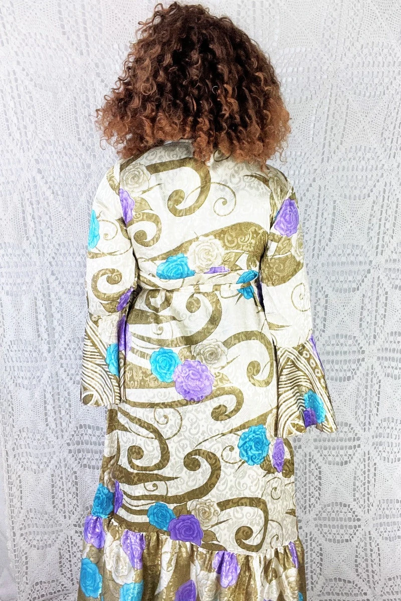 Sylvia Wrap Dress - Vintage Indian Sari - Golden Shimmer Floral (S/M) 3 Sylvia Wrap Dress - Vintage Indian Sari - Golden Shimmer Floral (S/M) - Image 3