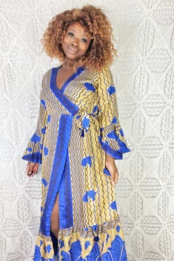 Sylvia Wrap Dress - Vintage Indian Sari - Gold & Cobalt (S/M) 9 Sylvia Wrap Dress - Vintage Indian Sari - Gold & Cobalt (S/M) -KIKIS Clothing Shop IMG 0884b