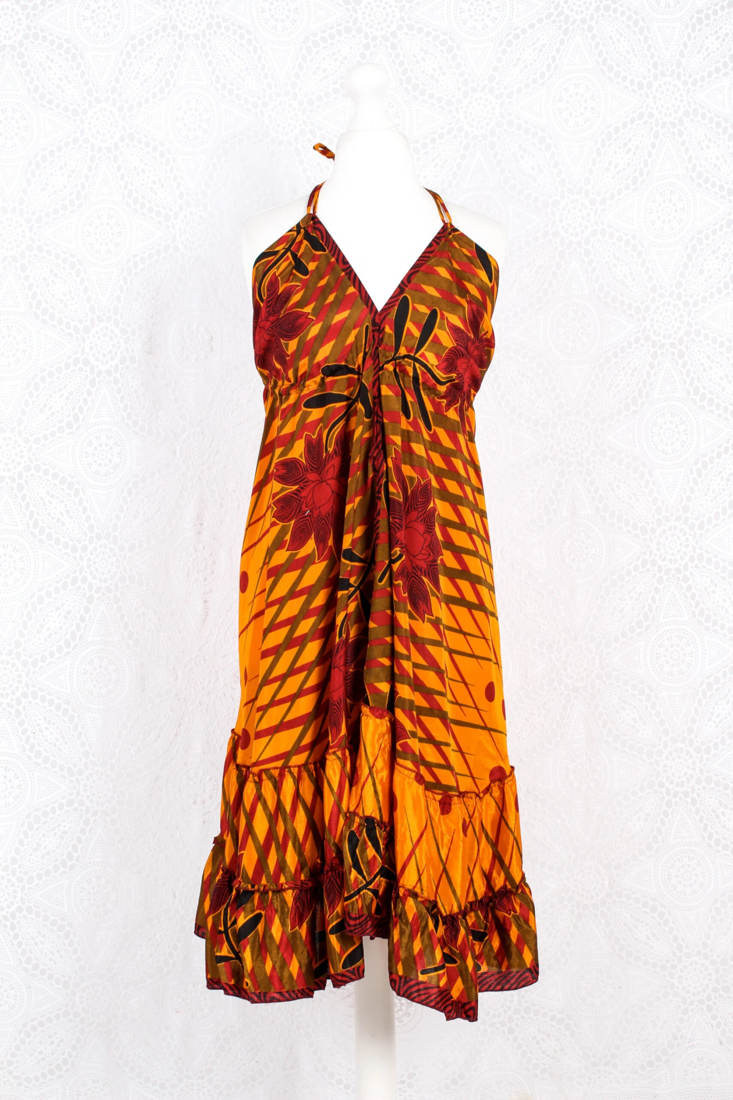 Blossom Mini Halter Dress - Vintage Indian Sari - Amber & Garnet Flower - M/L 2 Blossom Mini Halter Dress - Vintage Indian Sari - Amber & Garnet Flower - M/L - Image 2