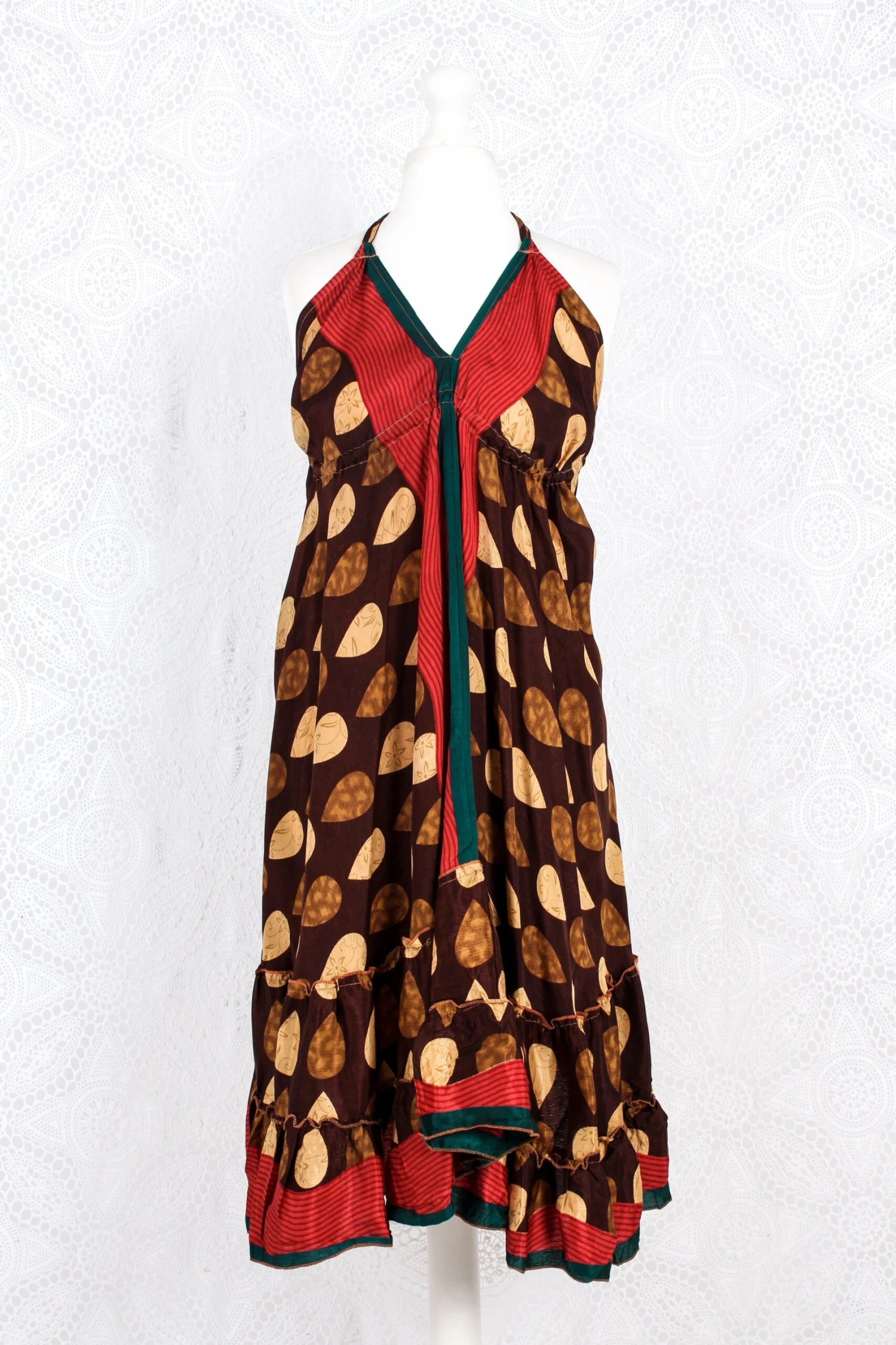 Blossom Mini Halter Dress - Vintage Indian Sari - Carob & Gold Raindrops - M/L 2 Blossom Mini Halter Dress - Vintage Indian Sari - Carob & Gold Raindrops - M/L - Image 2
