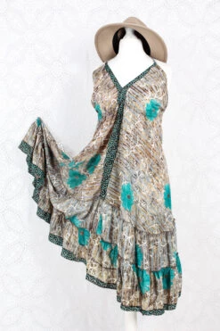 Blossom Mini Halter Dress - Vintage Indian Sari - Grey Aqua & Tan Floral - S/M