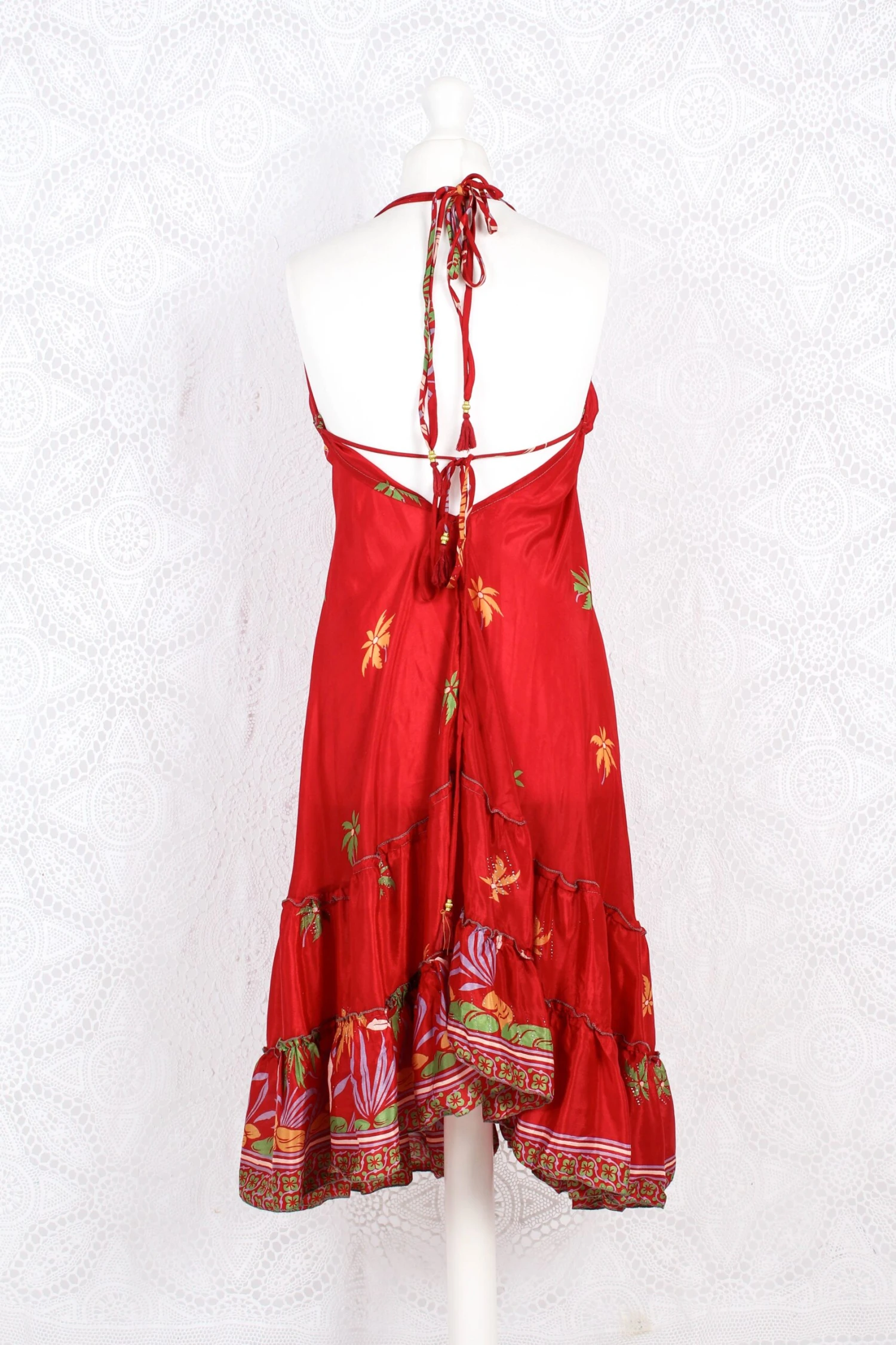 Blossom Mini Halter Dress - Vintage Indian Sari - Sheer Scarlet Shimmer - S/M 3 Blossom Mini Halter Dress - Vintage Indian Sari - Sheer Scarlet Shimmer - S/M - Image 3