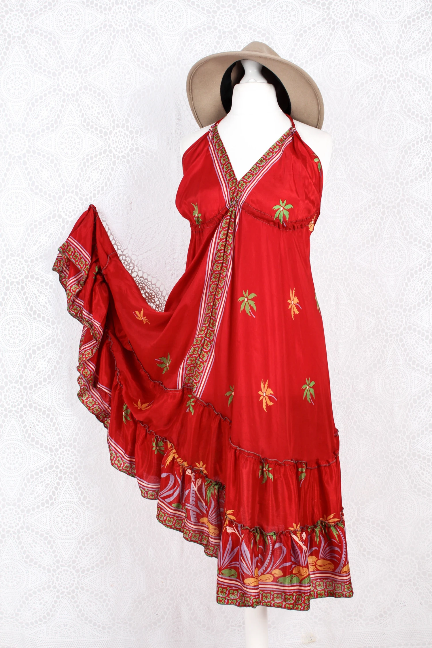 Blossom Mini Halter Dress - Vintage Indian Sari - Sheer Scarlet Shimmer - S/M 1 Blossom Mini Halter Dress - Vintage Indian Sari - Sheer Scarlet Shimmer - S/M