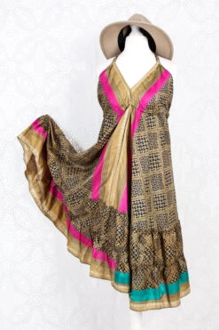 Blossom Mini Halter Dress - Vintage Indian Sari - Gold, Navy & Pink - S/M