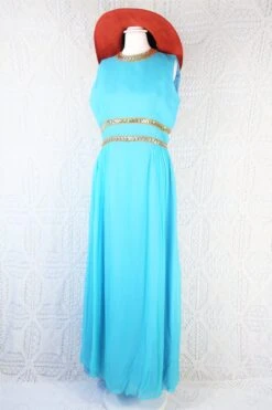 Vintage 70's Dress - Aqua Blue Sleeveless Chiffon Maxi - Size S/M