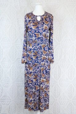 Vintage 70s Dress - Indigo Blue With Autumnal Floral - Size XS -KIKIS Clothing Shop IMG 1157 ea248895 ec92 4b30 8724 c2d439ea84fc