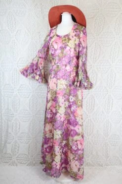 Vintage 70’s Dress - Powder Lilac Bell Sleeve Maxi - Size S/M