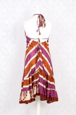 Blossom Mini Halter Dress - Vintage Indian Sari - Sheer Chestnut & Purple Stripe - M/L -KIKIS Clothing Shop IMG 1197 47b59c71 f47f 4b54 ab05 204e68c49a8d