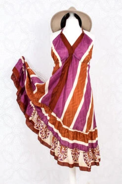 Blossom Mini Halter Dress - Vintage Indian Sari - Sheer Chestnut & Purple Stripe - M/L