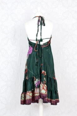 Blossom Mini Halter Dress - Vintage Indian Sari - Dark Green Floral - M/L -KIKIS Clothing Shop IMG 1267 dd0ec7d3 63d2 400a 8335 596678556c5d