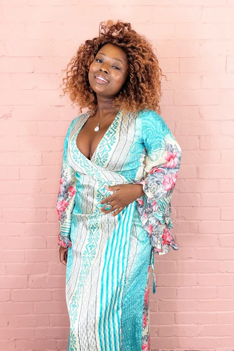 Venus Maxi Wrap Dress - Aqua & Cream Floral Vintage Sari - XS - S/M 2 Venus Maxi Wrap Dress - Aqua & Cream Floral Vintage Sari - XS - S/M - Image 2