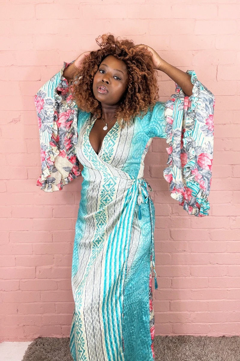 Venus Maxi Wrap Dress - Aqua & Cream Floral Vintage Sari - XS - S/M 3 Venus Maxi Wrap Dress - Aqua & Cream Floral Vintage Sari - XS - S/M - Image 3