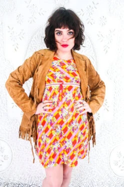 Vintage Mini Dress - Sunset Checker Floral - Size XS