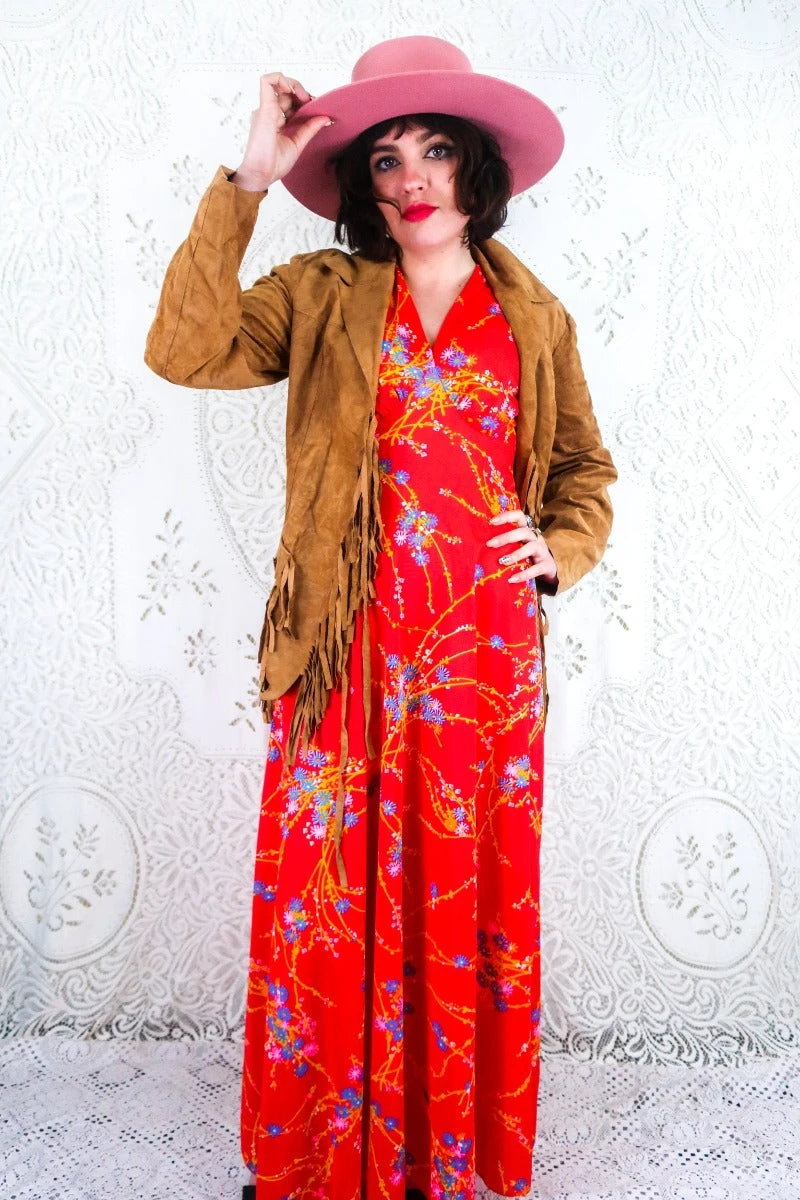 Vintage Maxi Dress - Strawberry Red Floral - Size XS 2 Vintage Maxi Dress - Strawberry Red Floral - Size XS - Image 2