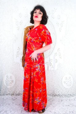 Vintage Maxi Dress - Strawberry Red Floral - Size XS