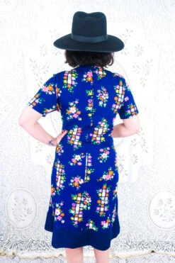 Vintage Midi Dress - Indigo Floral Cobbles - Size M/L -KIKIS Clothing Shop IMG 2033