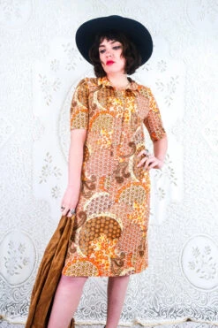 Vintage Midi Dress - Earth Tone Floral Clusters - Size S/M