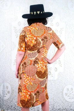 Vintage Midi Dress - Earth Tone Floral Clusters - Size S/M -KIKIS Clothing Shop IMG 2036