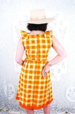 Vintage Midi Dress - Yellow & Orange Check - Size XS -KIKIS Clothing Shop IMG 2041