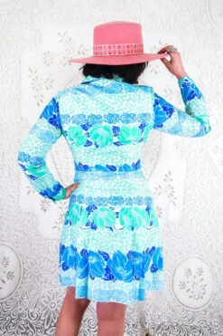 Vintage Button Down Mini Dress - Cerulean & Mint Floral - Size XS -KIKIS Clothing Shop IMG 2048