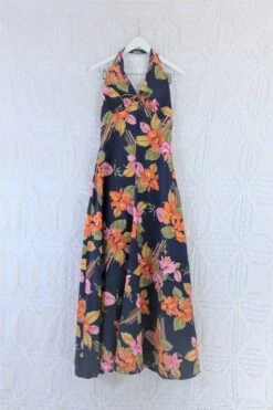 70’s Vintage Dress - Deep Navy Tropical Floral Halter-Neck Maxi - Size XS/S