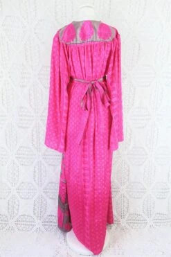 Stevie Maxi Dress - Vintage Indian Sari - Fuchsia & Slate Block Print - XS -KIKIS Clothing Shop IMG 2467 045391c6 e26f 4433 8132 fd8ae241bb42