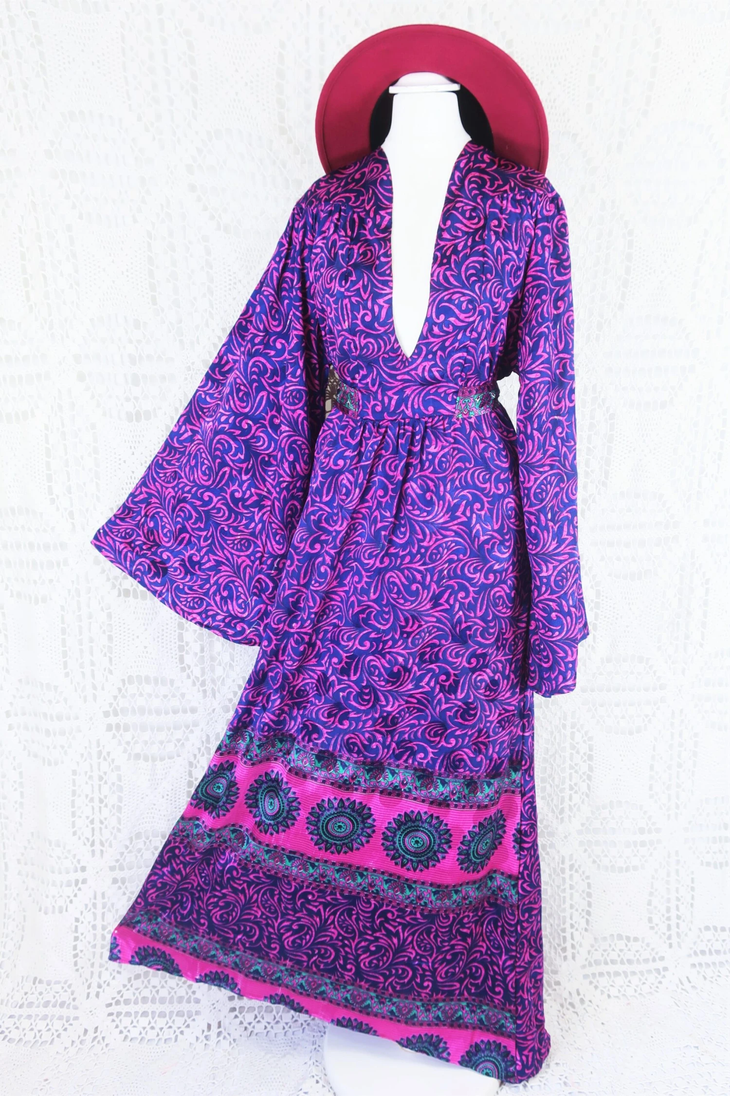 Stevie Maxi Dress - Vintage Indian Sari - Indigo & Magenta Floral - XS 1 Stevie Maxi Dress - Vintage Indian Sari - Indigo & Magenta Floral - XS