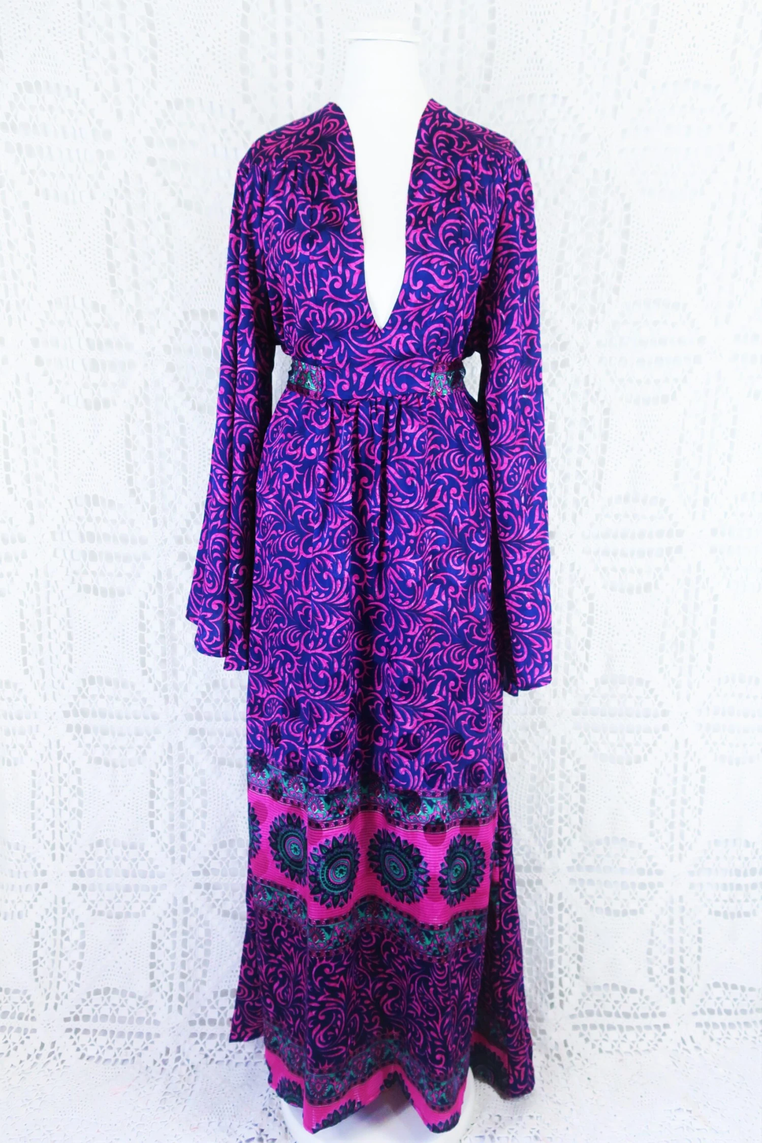 Stevie Maxi Dress - Vintage Indian Sari - Indigo & Magenta Floral - XS 3 Stevie Maxi Dress - Vintage Indian Sari - Indigo & Magenta Floral - XS - Image 3