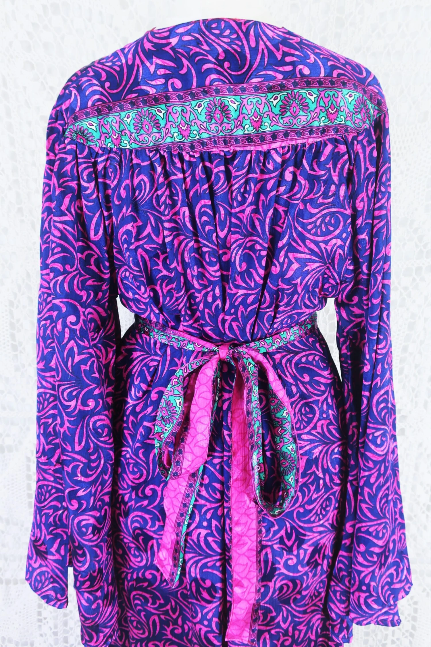 Stevie Maxi Dress - Vintage Indian Sari - Indigo & Magenta Floral - XS 5 Stevie Maxi Dress - Vintage Indian Sari - Indigo & Magenta Floral - XS - Image 5