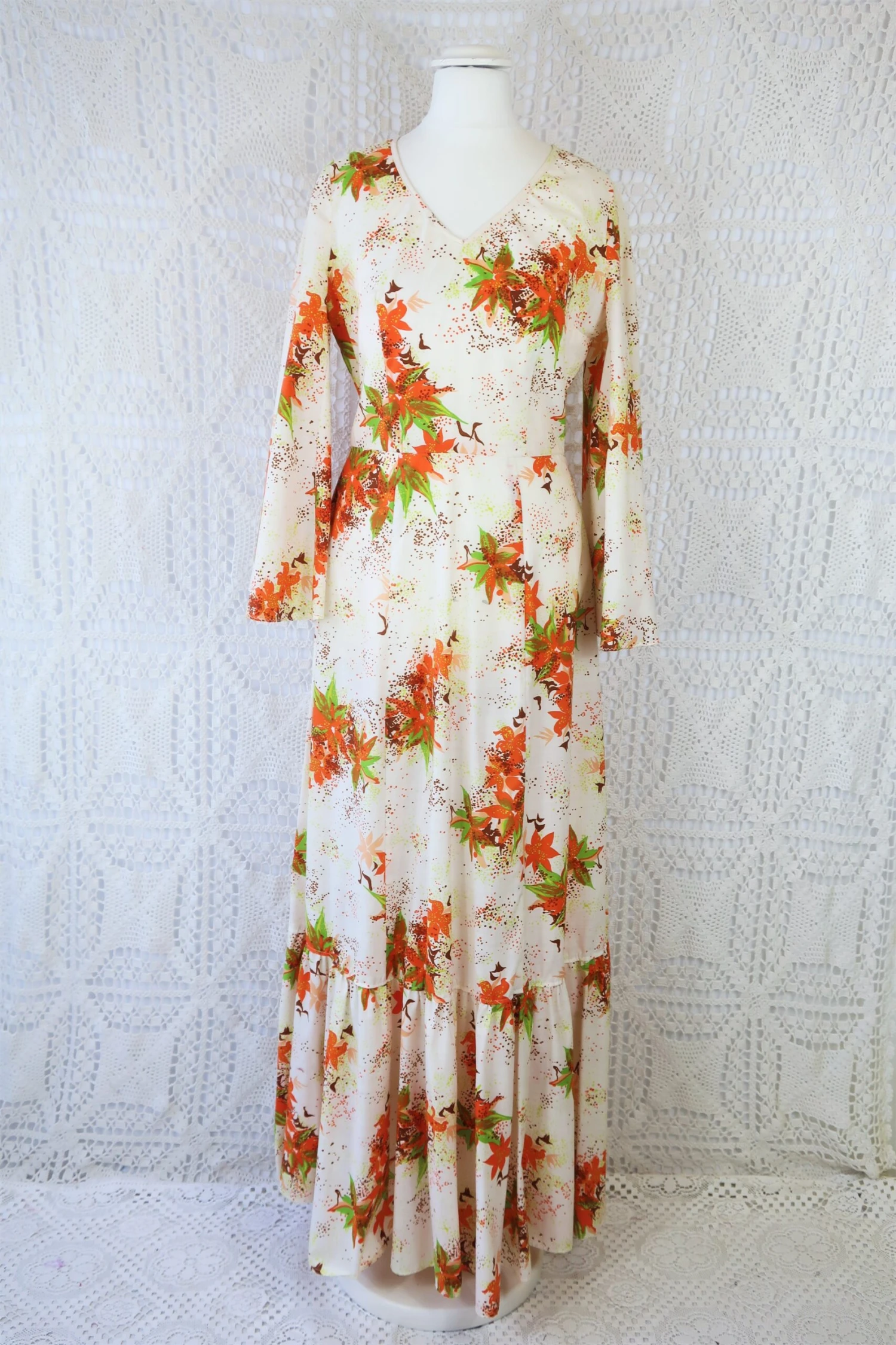 70's Vintage Dress - Soft Cream & Maple Floral - Size S 2 70's Vintage Dress - Soft Cream & Maple Floral - Size S - Image 2