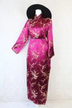 70's Vintage Mandarin Cocktail Dress - Plum & Golden Blossom - Size S/M