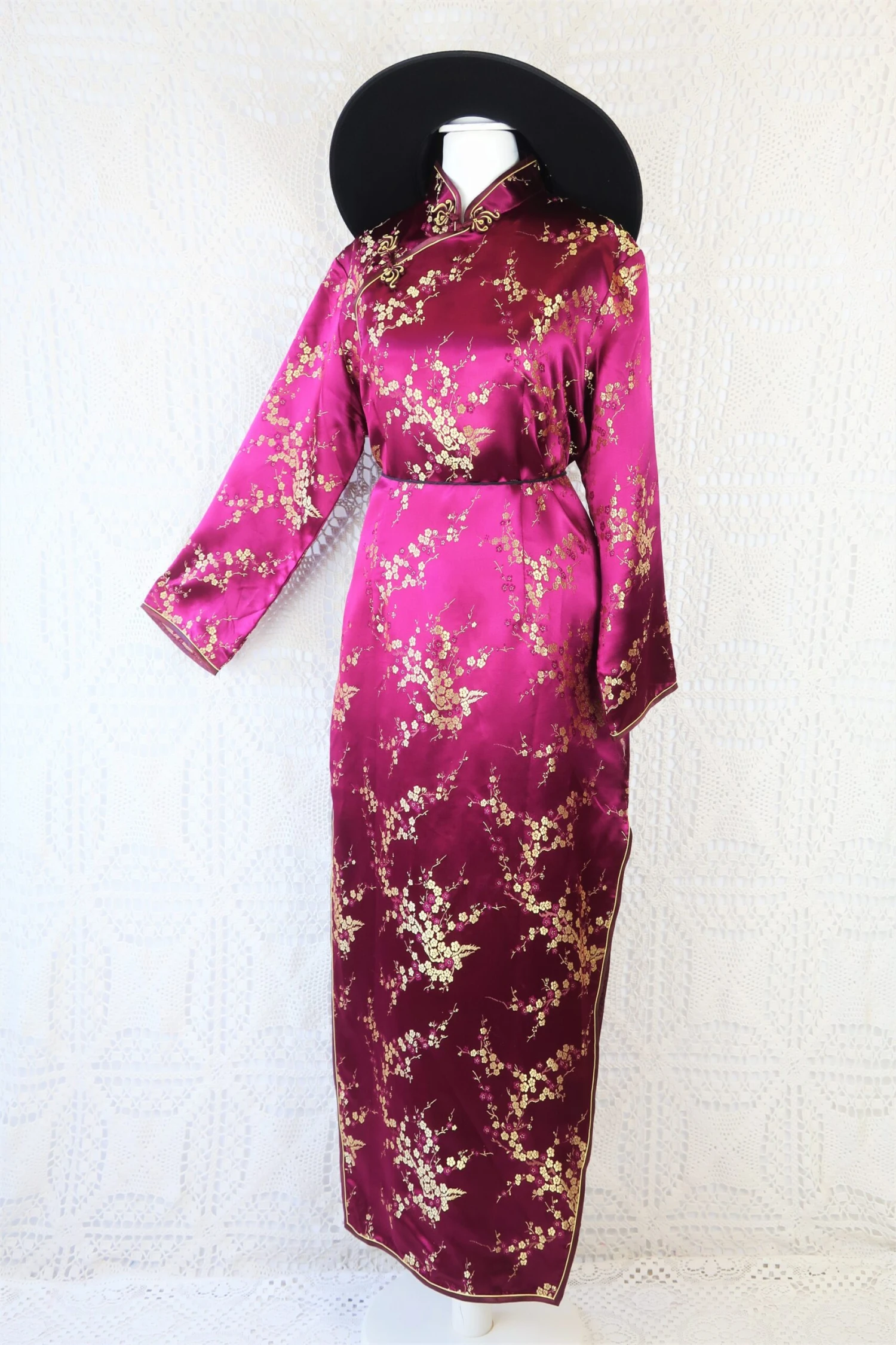 70's Vintage Mandarin Cocktail Dress - Plum & Golden Blossom - Size S/M 1 70's Vintage Mandarin Cocktail Dress - Plum & Golden Blossom - Size S/M