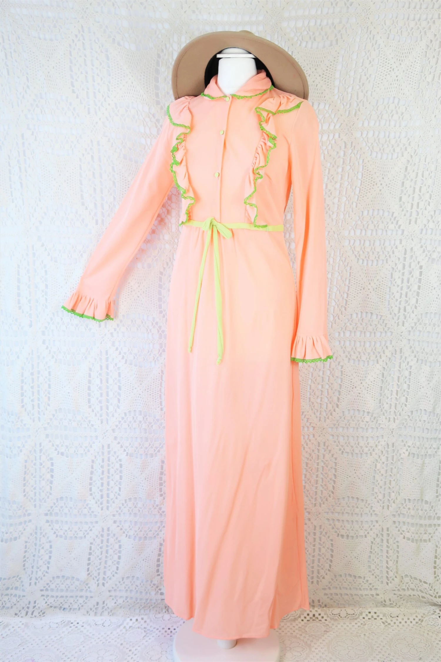 70's Vintage Dress - Taffy Pink & Green Embellishments - Size XS 1 70's Vintage Dress - Taffy Pink & Green Embellishments - Size XS