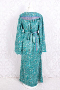 Stevie Maxi Dress - Vintage Indian Sari - Turquoise Floral Graphic - XS -KIKIS Clothing Shop IMG 3218 9814a961 0df8 4b9e 9016 874eda735348