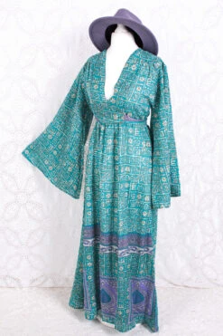 Stevie Maxi Dress - Vintage Indian Sari - Turquoise Floral Graphic - XS