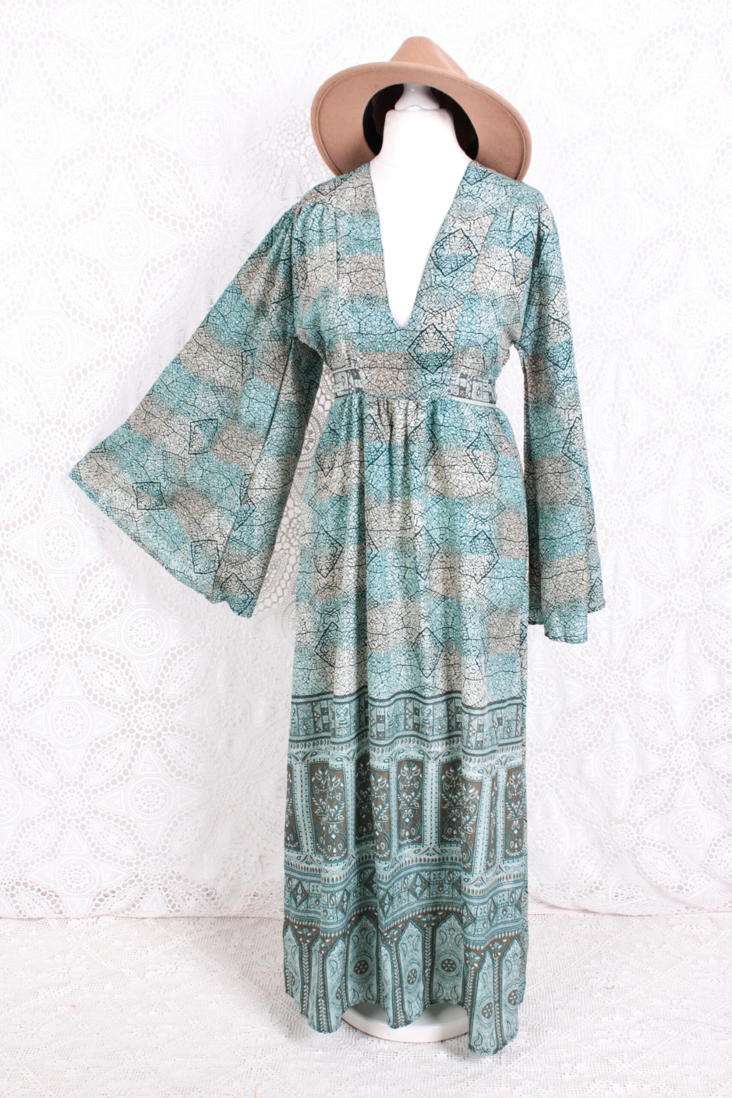 Stevie Maxi Dress - Vintage Indian Sari - Submerged Aqua Mosaic - XS 1 Stevie Maxi Dress - Vintage Indian Sari - Submerged Aqua Mosaic - XS