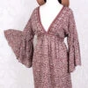 Pansy Mini Dress - Indian Sari - Circular Flounce Sleeve - Rose Taupe Tile Print - Free Size M/L