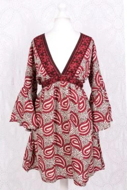Pansy Mini Dress - Indian Sari - Circular Flounce Sleeve - Cream, Hickory & Cherry Red Bold Paisley - Free Size M/L -KIKIS Clothing Shop IMG 3521 574e9dfa dadd 4c1e 95b2 00e51c18f0fc