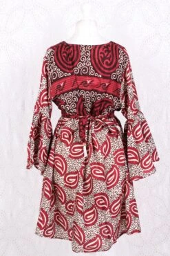 Pansy Mini Dress - Indian Sari - Circular Flounce Sleeve - Cream, Hickory & Cherry Red Bold Paisley - Free Size M/L -KIKIS Clothing Shop IMG 3524 7bf62d5b 4de8 4694 b246 4dffb3b84584