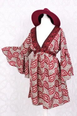 Pansy Mini Dress - Indian Sari - Circular Flounce Sleeve - Cream, Hickory & Cherry Red Bold Paisley - Free Size M/L