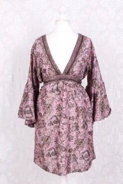 Pansy Mini Dress - Indian Sari - Circular Flounce Sleeve - Powder Pink, Mauve & Champagne Vine Print - Free Size M/L -KIKIS Clothing Shop IMG 3610 fd9d0728 9f86 4ae9 ae3e 574a0bef6a8f
