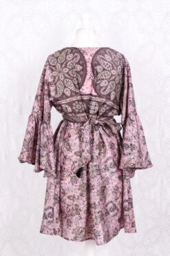 Pansy Mini Dress - Indian Sari - Circular Flounce Sleeve - Powder Pink, Mauve & Champagne Vine Print - Free Size M/L -KIKIS Clothing Shop IMG 3612 e082e1c9 a6b3 4b3e 9694 524a2fba7393