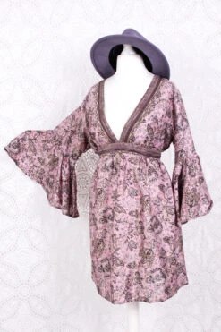 Pansy Mini Dress - Indian Sari - Circular Flounce Sleeve - Powder Pink, Mauve & Champagne Vine Print - Free Size M/L