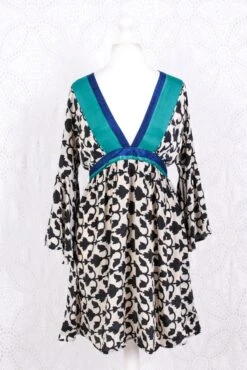 Pansy Mini Dress - Indian Sari - Circular Flounce Sleeve - Cream, Ink Black & Blue Floral Tile Print - Free Size S/M -KIKIS Clothing Shop IMG 3623 9abd3715 a54a 4473 9e2f f4f4557dc1a3