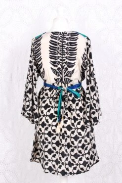 Pansy Mini Dress - Indian Sari - Circular Flounce Sleeve - Cream, Ink Black & Blue Floral Tile Print - Free Size S/M -KIKIS Clothing Shop IMG 3624 02db04c8 e2b3 4913 91ba e7b3b75e5353